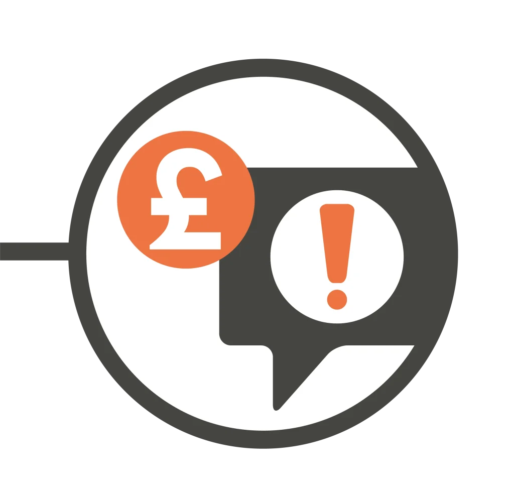 A money symbol next to a speech bubble with an exclamation mark inside of it. 