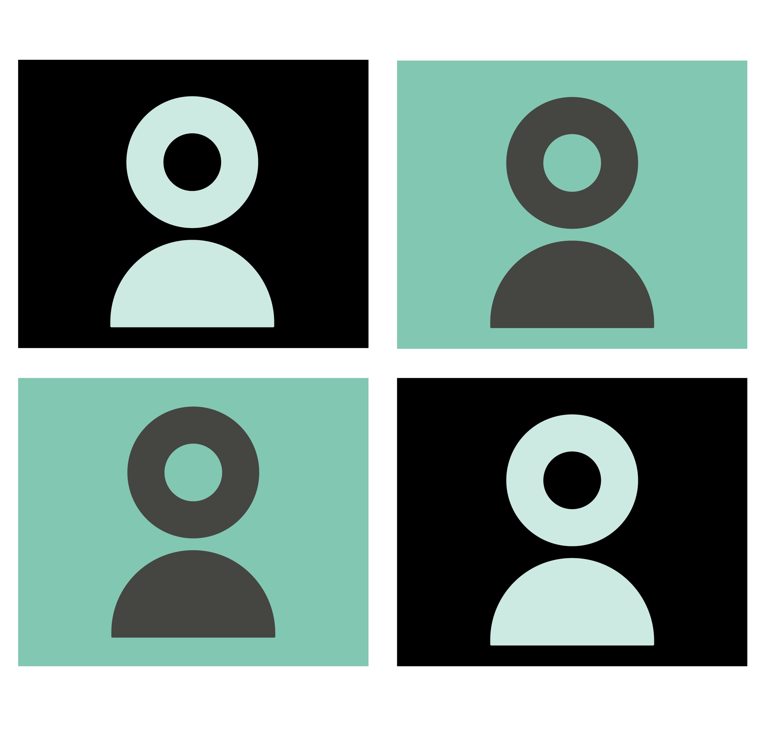 An illustration of four people, made of basic circle and square shapes.