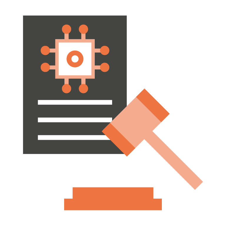 Illustration of a gavel, in front of a document with an AI icon on it